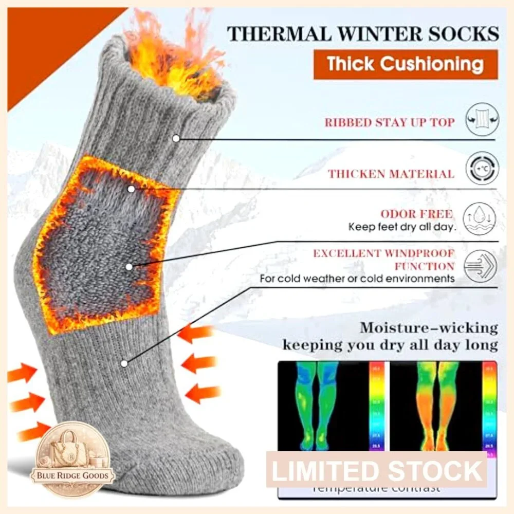 Merino Wool Thermal Boot Socks Thick Cozy Hiking Winter Unisex 3 Pairs